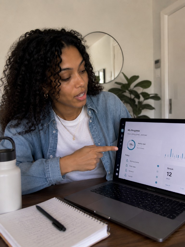 Brianna J. reviewing her weekly progress on a productivity app