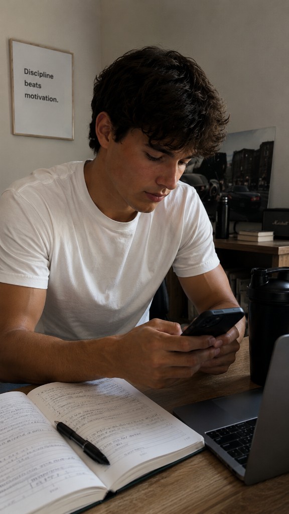 Colby planning his day with a productivity app at his desk