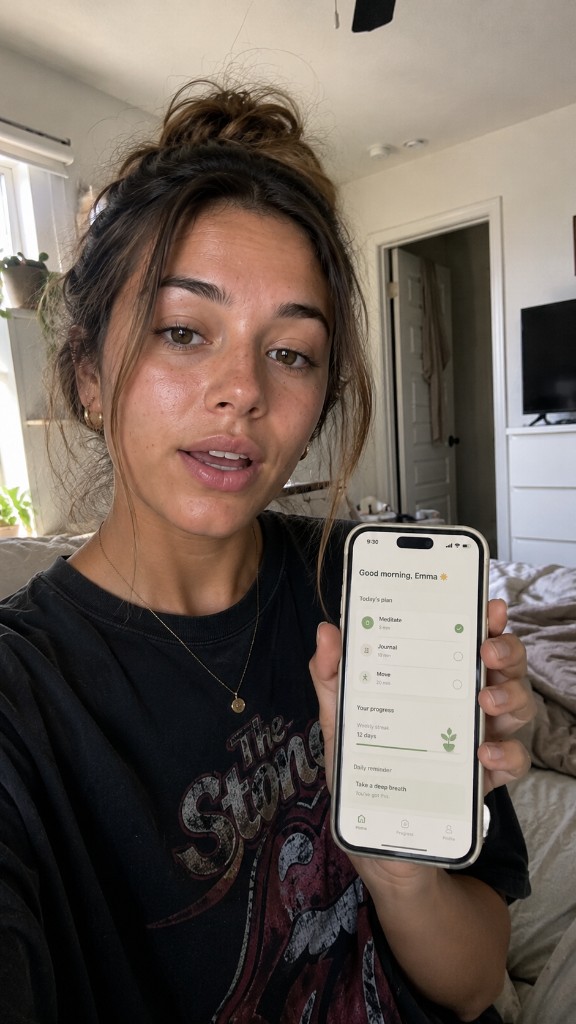 Emma R. showing a wellness app on her phone