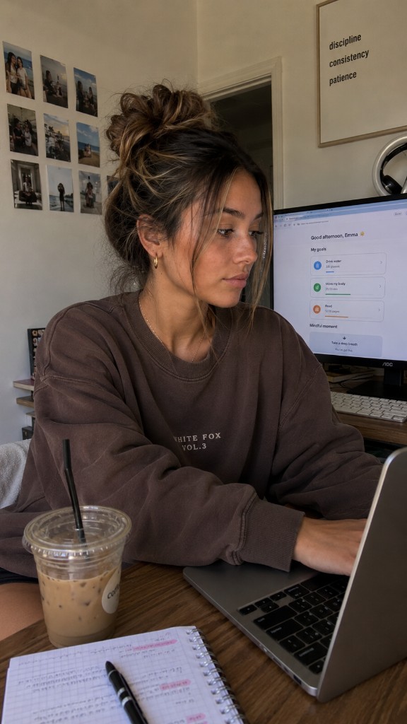 Emma R. working at her desk with laptop and iced coffee